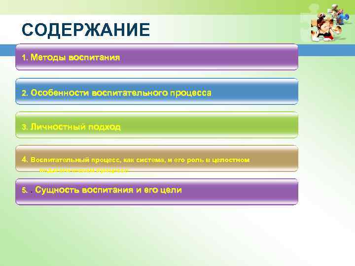 СОДЕРЖАНИЕ 1. Методы воспитания 2. Особенности воспитательного процесса 3. Личностный подход 4. Воспитательный процесс,