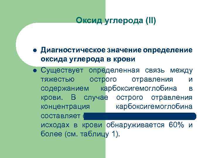 Оксид углерода (II) l l Диагностическое значение определение оксида углерода в крови Существует определенная
