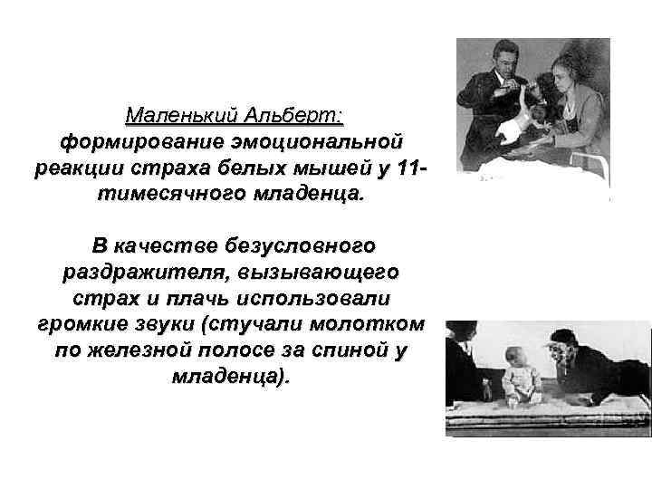 Маленький Альберт: формирование эмоциональной реакции страха белых мышей у 11 тимесячного младенца. В качестве