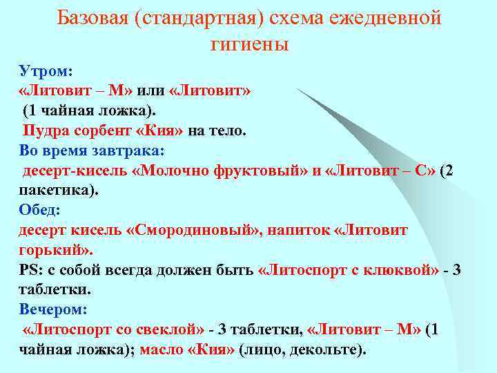 Базовая (стандартная) схема ежедневной гигиены Утром: «Литовит – М» или «Литовит» (1 чайная ложка).