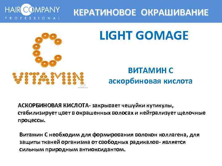 КЕРАТИНОВОЕ ОКРАШИВАНИЕ LIGHT GOMAGE ВИТАМИН С аскорбиновая кислота АСКОРБИНОВАЯ КИСЛОТА- закрывает чешуйки кутикулы, стабилизирует