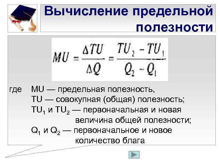 Вычисление предельной полезности где MU — предельная полезность, TU — совокупная (общая) полезность; TU