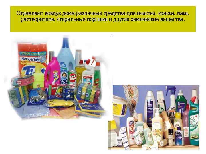 Отравляют воздух дома различные средства для очистки, краски, лаки, растворители, стиральные порошки и другие
