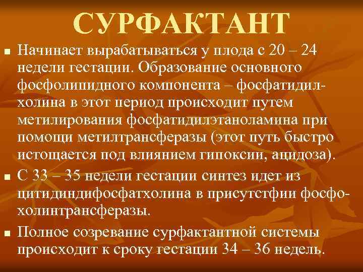 СУРФАКТАНТ n n n Начинает вырабатываться у плода с 20 – 24 недели гестации.