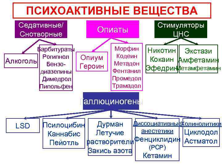 ПСИХОАКТИВНЫЕ ВЕЩЕСТВА Седативные/ Снотворные Барбитураты Рогипнол Алкоголь Бензодиазепины Димедрол Пипольфен Опиаты Опиум Героин Морфин