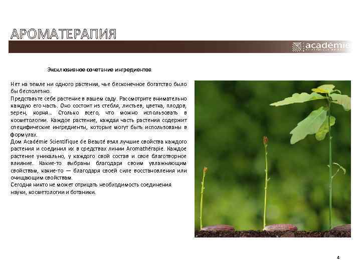 АРОМАТЕРАПИЯ Эксклюзивное сочетание ингредиентов Нет на земле ни одного растения, чье бесконечное богатство было