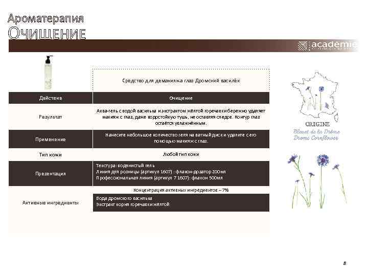 Ароматерапия ОЧИЩЕНИЕ Средство для демакияжа глаз Дромский василёк Действие Очищение Результат Аква-гель с водой