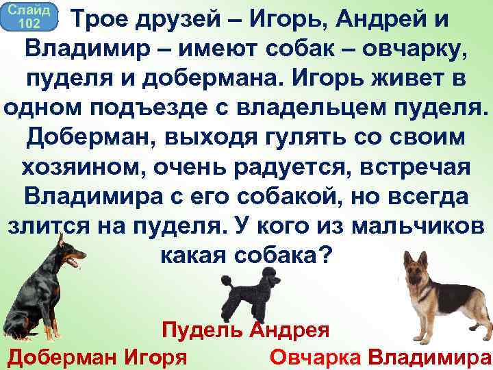 Слайд 102 Трое друзей – Игорь, Андрей и Владимир – имеют собак – овчарку,