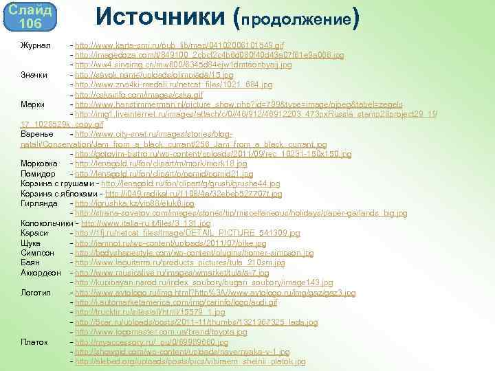 Слайд 106 Журнал Источники (продолжение) - http: //www. karta-smi. ru/pub_lib/map/04102006101549. gif - http: //imagedoza.