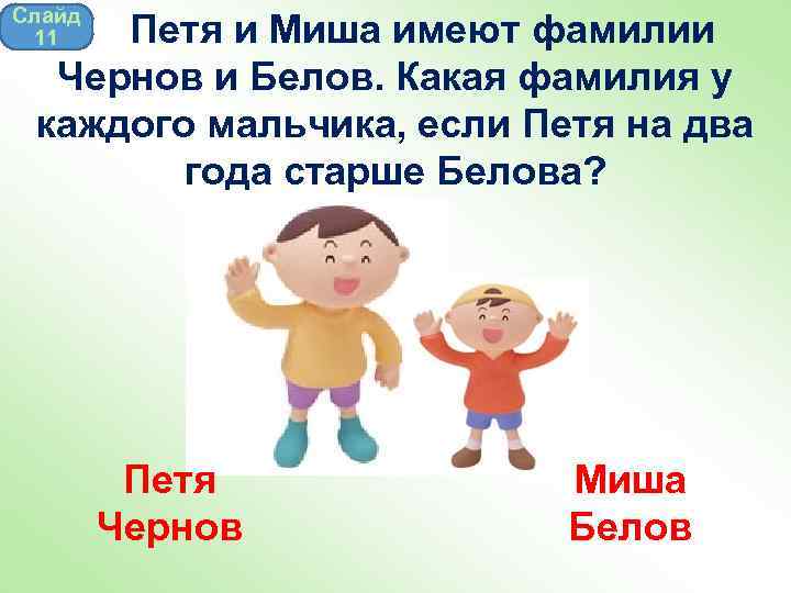 Слайд 11 Петя и Миша имеют фамилии Чернов и Белов. Какая фамилия у каждого
