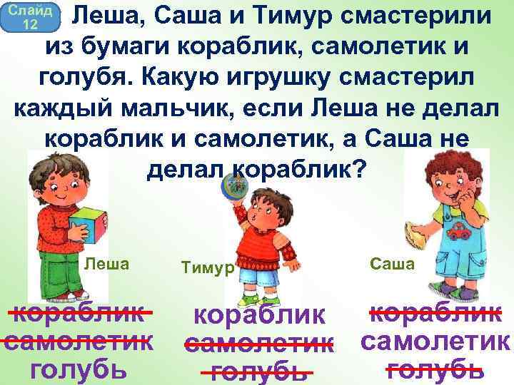  Леша, Саша и Тимур смастерили из бумаги кораблик, самолетик и голубя. Какую игрушку
