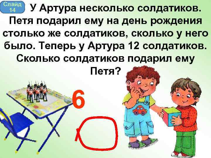 Слайд 14 У Артура несколько солдатиков. Петя подарил ему на день рождения столько же