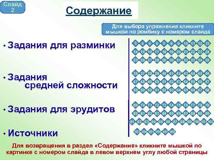Слайд 2 Содержание Для выбора упражнения кликните мышкой по ромбику с номером слайда •