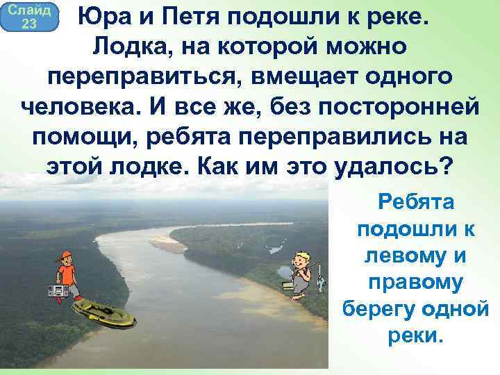  Юра и Петя подошли к реке. Лодка, на которой можно переправиться, вмещает одного