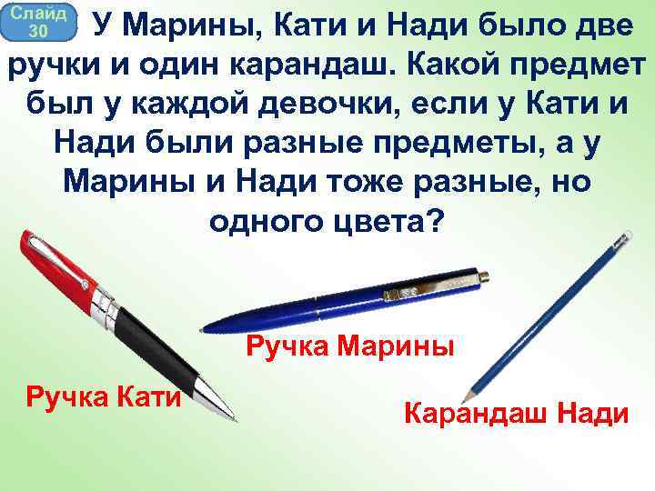Слайд 30 У Марины, Кати и Нади было две ручки и один карандаш. Какой