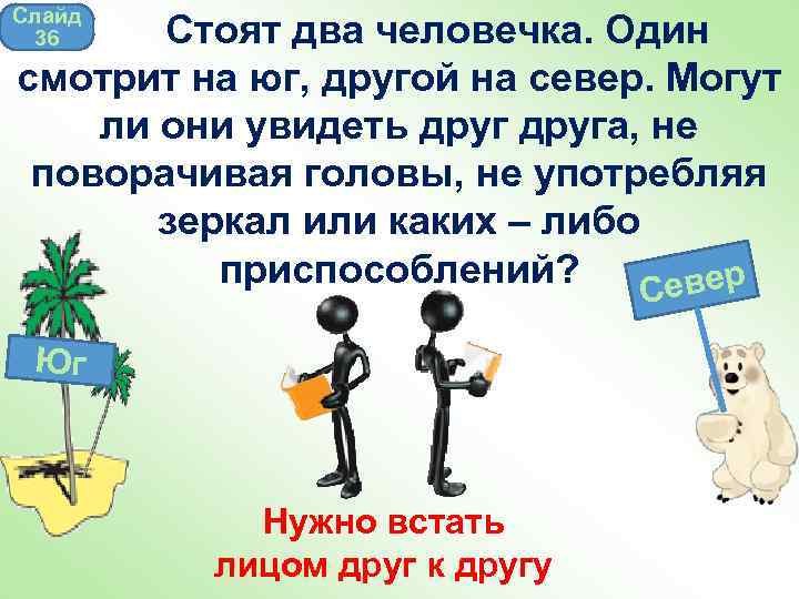 Слайд 36 Стоят два человечка. Один смотрит на юг, другой на север. Могут ли