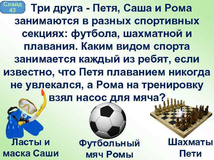 Слайд 43 Три друга - Петя, Саша и Рома занимаются в разных спортивных секциях: