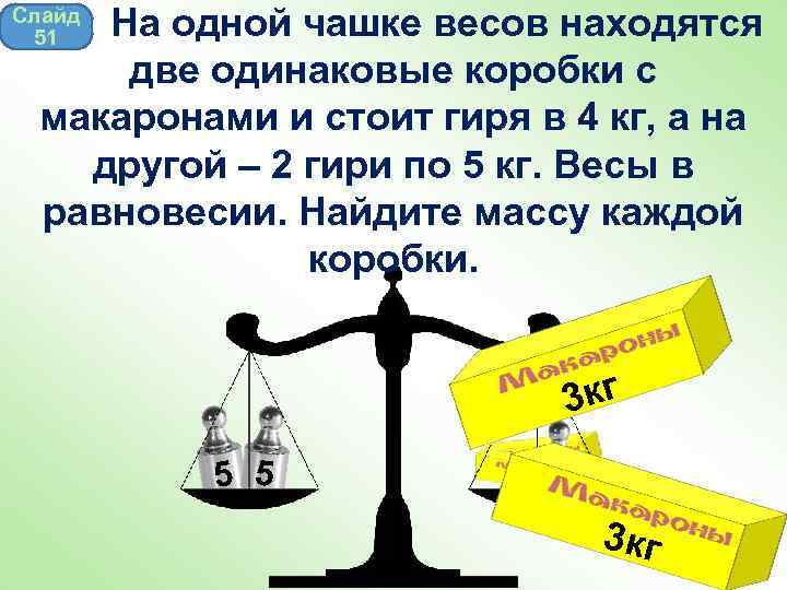  На одной чашке весов находятся две одинаковые коробки с макаронами и стоит гиря