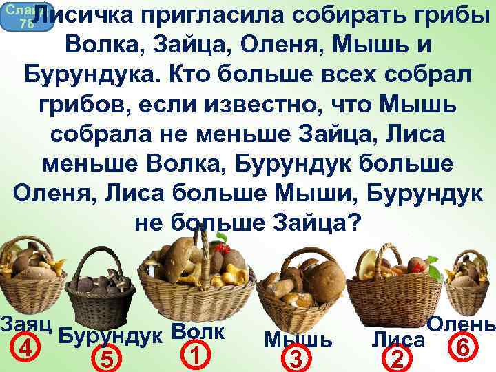 Слайд Лисичка пригласила собирать грибы 78 Волка, Зайца, Оленя, Мышь и Бурундука. Кто больше