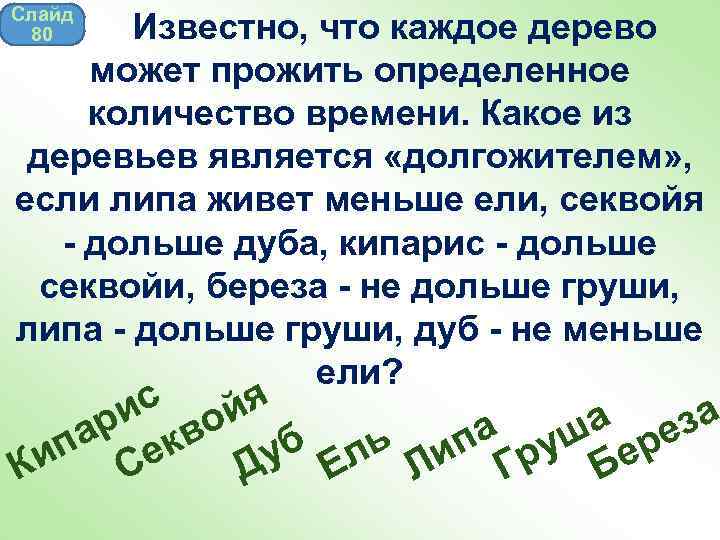 Слайд 80 Известно, что каждое дерево может прожить определенное количество времени. Какое из деревьев