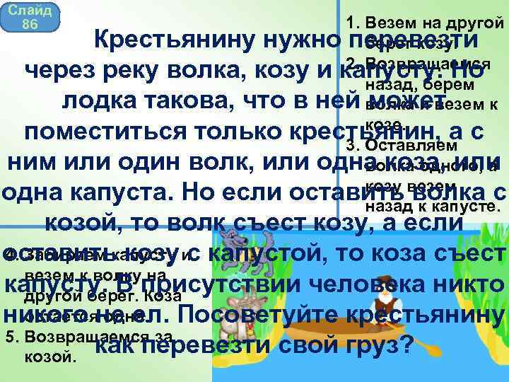 Слайд 86 1. Везем на другой Крестьянину нужно перевезти берег козу. 2. Возвращаемся через