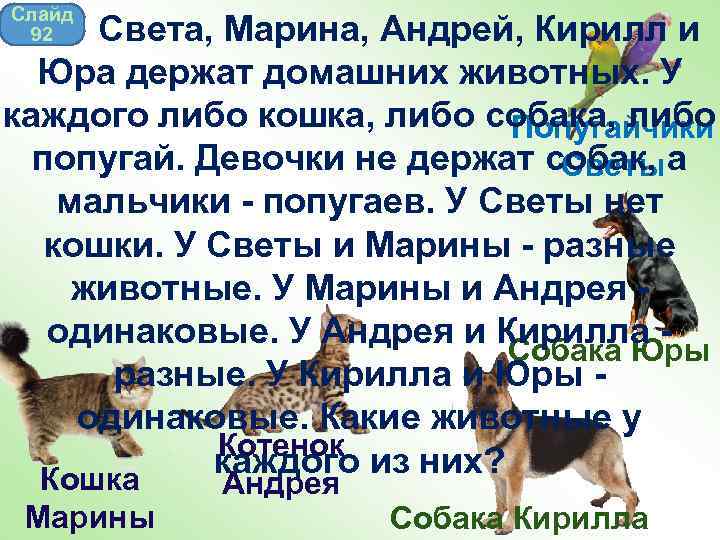 Слайд 92 Света, Марина, Андрей, Кирилл и Юра держат домашних животных. У каждого либо