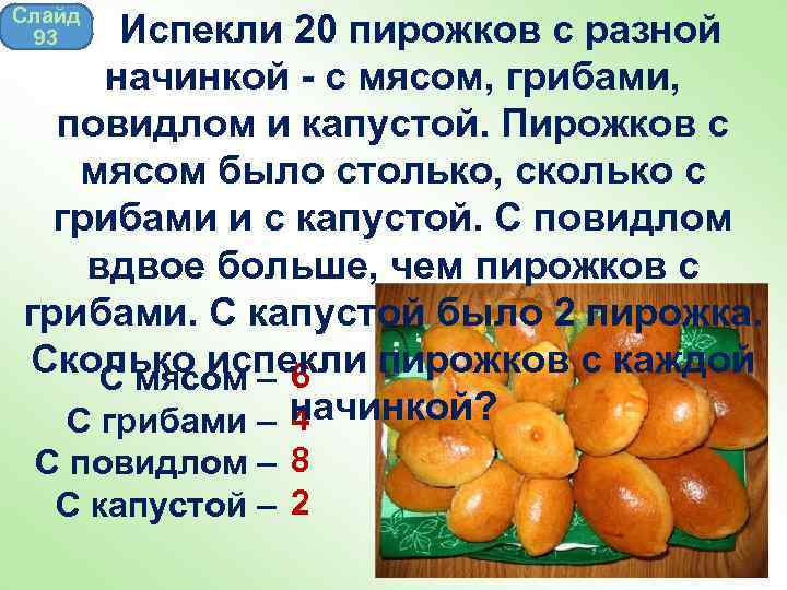 Слайд 93 Испекли 20 пирожков с разной начинкой - с мясом, грибами, повидлом и