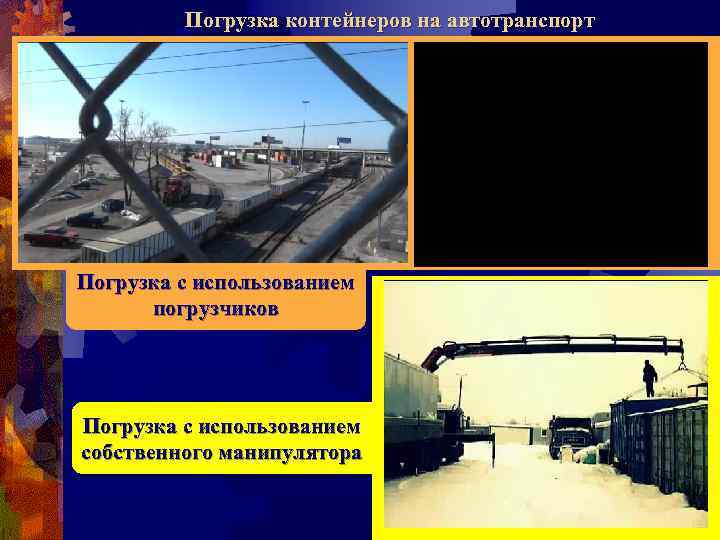 Погрузка контейнеров на автотранспорт Погрузка с использованием погрузчиков Погрузка с использованием собственного манипулятора 