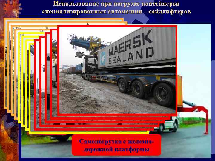 Использование при погрузке контейнеров специализированных автомашин – сайдлифтеров Самопогрузка с площадки Самопогрузка с железно.