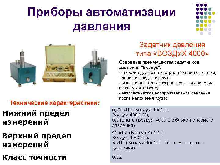 Приборы автоматизации давления Задатчик давления типа «ВОЗДУХ 4000» Технические характеристики: Основные преимущества задатчиков давления