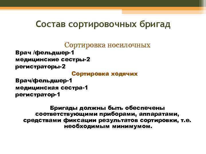 Состав сортировочных бригад Сортировка носилочных Врач /фельдшер-1 медицинские сестры-2 регистраторы-2 Сортировка ходячих Врач/фельдшер-1 медицинская