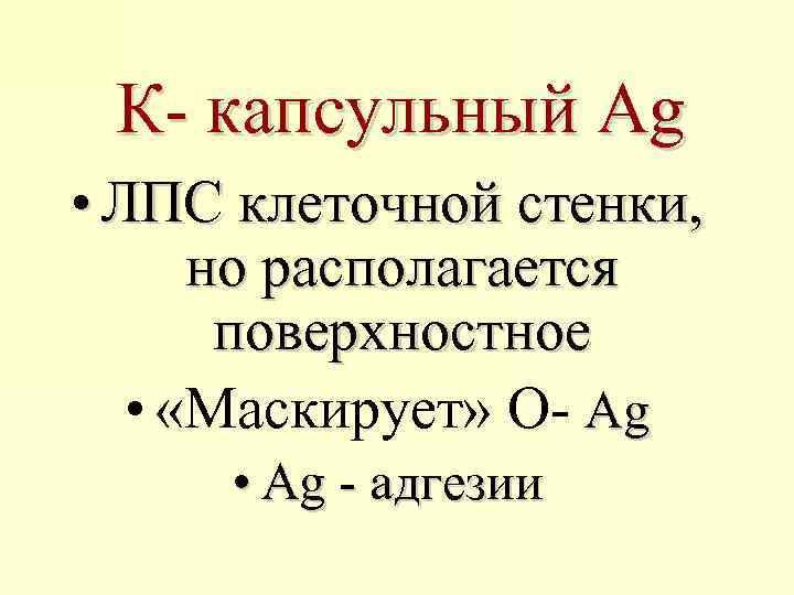 К- капсульный Ag • ЛПС клеточной стенки, но располагается поверхностное • «Маскирует» О- Ag