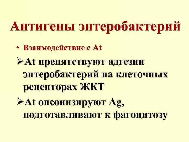 Антигены энтеробактерий • Взаимодействие с Аt ØАt препятствуют адгезии энтеробактерий на клеточных рецепторах ЖКТ