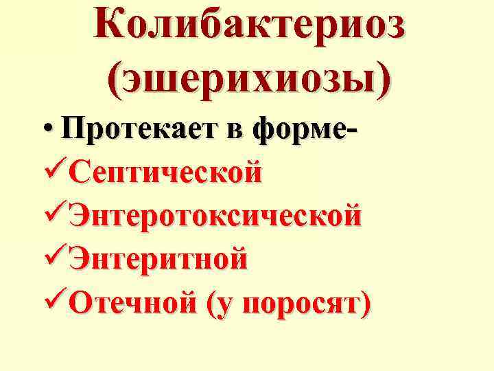 Колибактериоз (эшерихиозы) • Протекает в формеüСептической üЭнтеротоксической üЭнтеритной üОтечной (у поросят) 