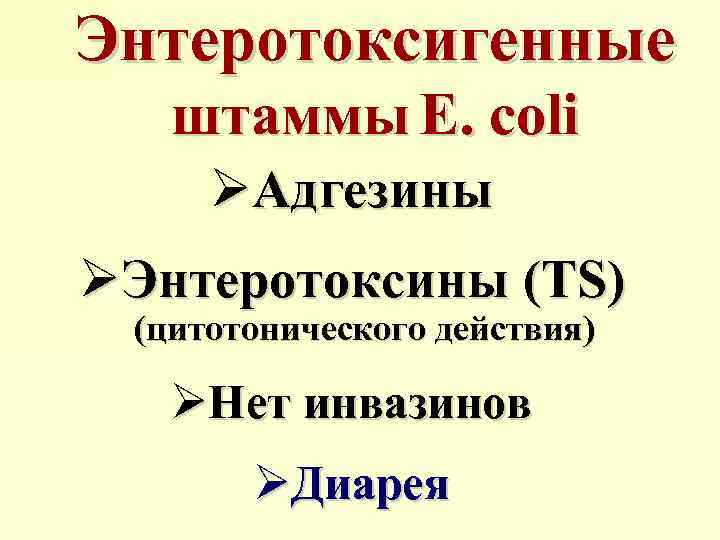 Энтеротоксигенные штаммы E. coli ØАдгезины ØЭнтеротоксины (TS) (цитотонического действия) ØНет инвазинов ØДиарея 