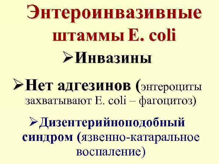 Энтероинвазивные штаммы E. coli ØИнвазины ØНет адгезинов (энтероциты захватывают E. coli – фагоцитоз) ØДизентерийноподобный