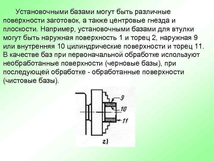 Установочными базами могут быть различные поверхности заготовок, а также центровые гнезда и плоскости. Например,