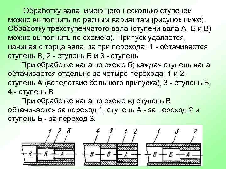 Обработку вала, имеющего несколько ступеней, можно выполнить по разным вариантам (рисунок ниже). Обработку трехступенчатого