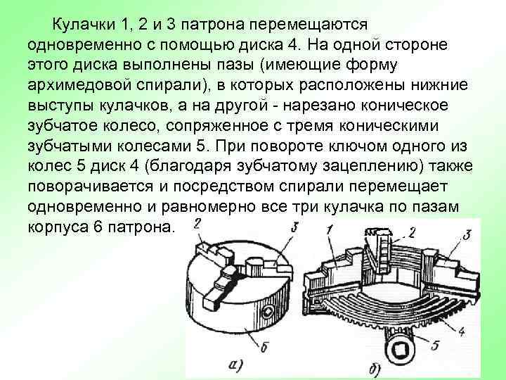 Кулачки 1, 2 и 3 патрона перемещаются одновременно с помощью диска 4. На одной