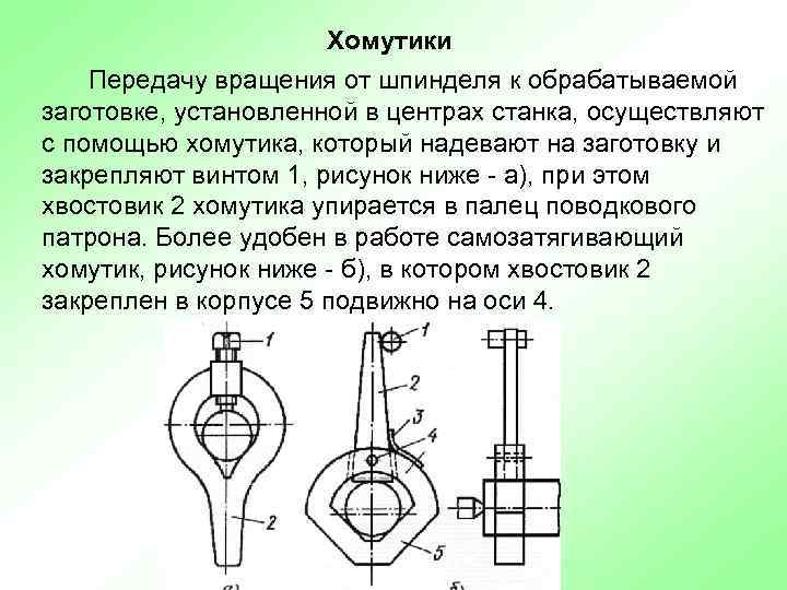 Хомутики Передачу вращения от шпинделя к обрабатываемой заготовке, установленной в центрах станка, осуществляют с