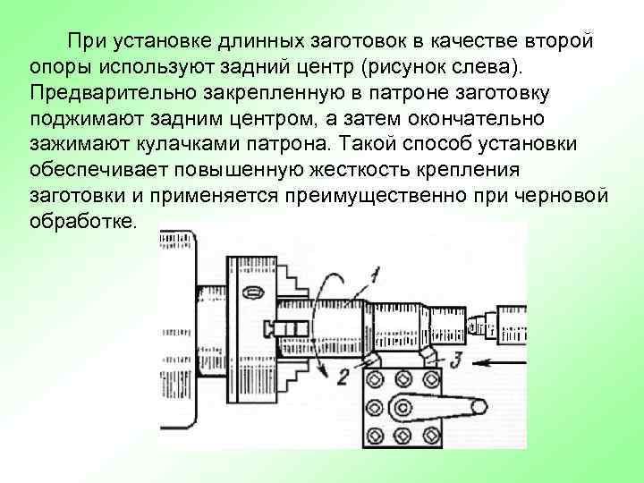 При установке длинных заготовок в качестве второй опоры используют задний центр (рисунок слева). Предварительно