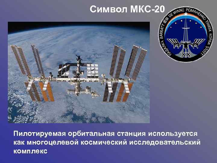 Символ МКС-20 Пилотируемая орбитальная станция используется как многоцелевой космический исследовательский комплекс 