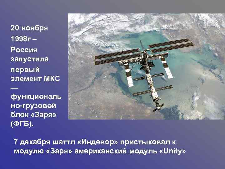 20 ноября 1998 г – Россия запустила первый элемент МКС — функциональ но-грузовой блок