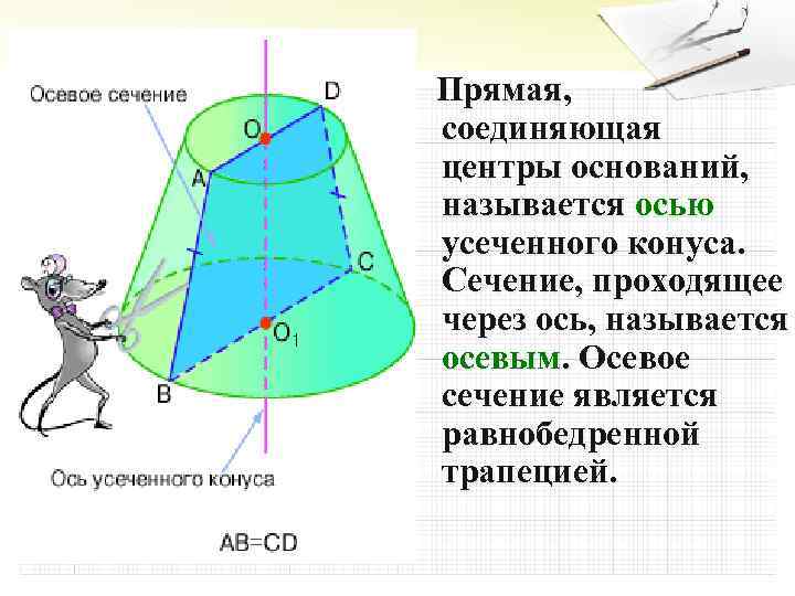 Прямая, соединяющая центры оснований, называется осью усеченного конуса. Сечение, проходящее через ось, называется осевым.
