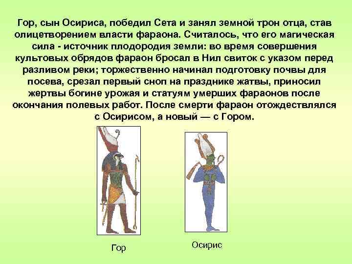 Гор, сын Осириса, победил Сета и занял земной трон отца, став олицетворением власти фараона.