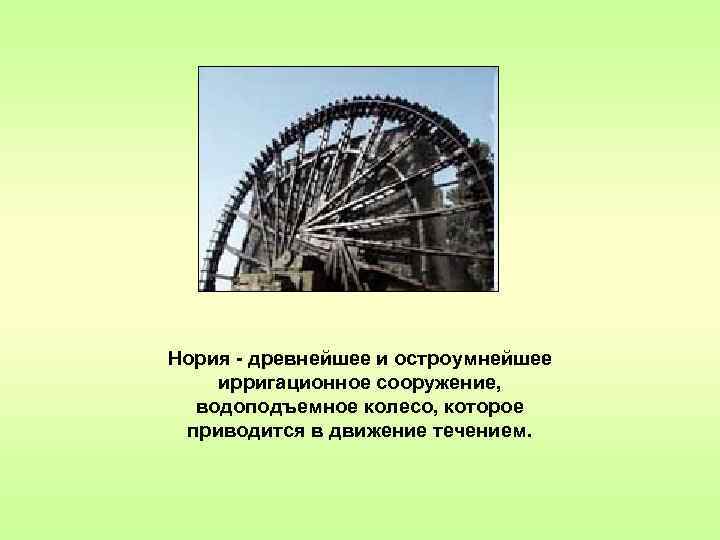 Нория - древнейшее и остроумнейшее ирригационное сооружение, водоподъемное колесо, которое приводится в движение течением.