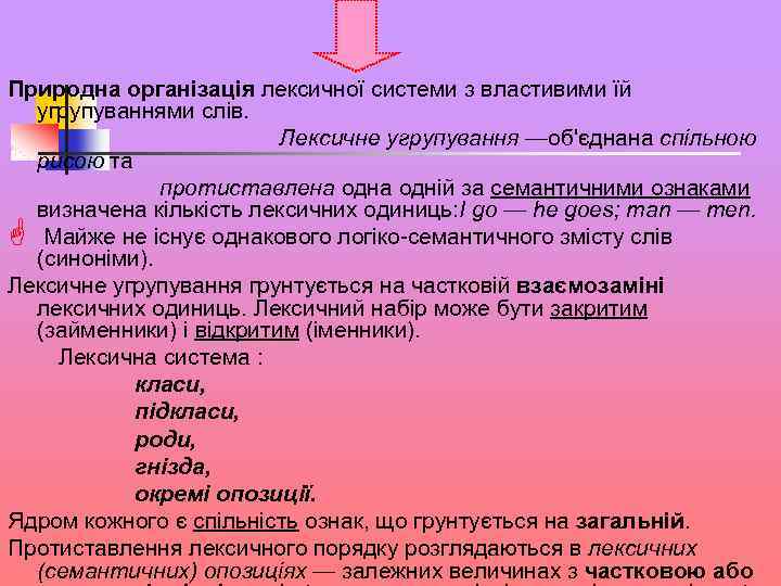 Пpиpoдна opгaнiзaцiя лeкcичнoї cиcтeми з влacтивими їй yгpyпyвaннями cлiв. Лeкcичне yгpyпyвaння —oб'єднaна cпiльнoю pиcoю