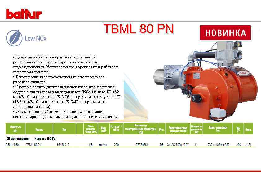 TBML 80 PN • Двухступенчатая прогрессивная с плавной регулировкой мощности при работе на газе