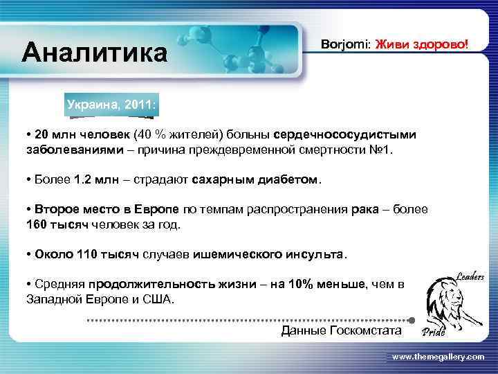 Аналитика Borjomi: Живи здорово! Украина, 2011: • 20 млн человек (40 % жителей) больны