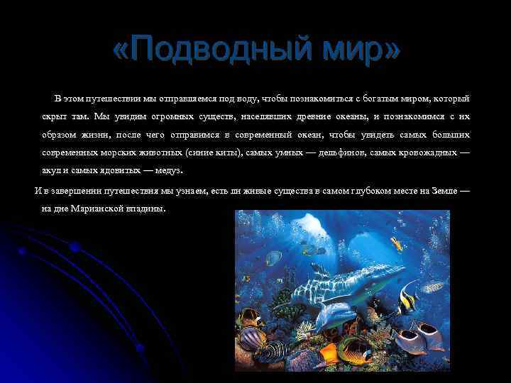  «Подводный мир» В этом путешествии мы отправляемся под воду, чтобы познакомиться с богатым